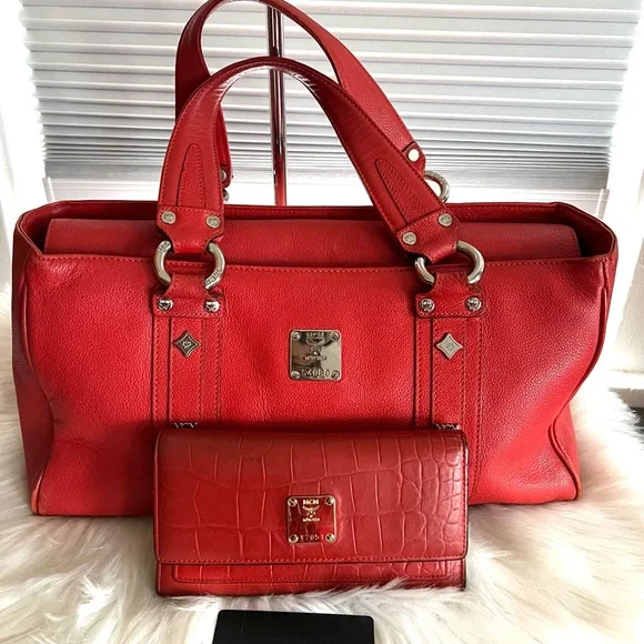 MCM Red Women\'s Bag Set MCM Aren Visetos Monogram Coated Canvas Top Handle Bag on  main image 3